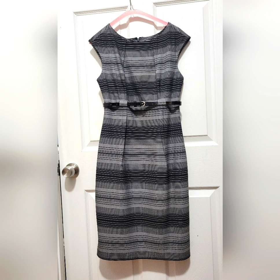 Calvin Klein Womens Gray Black Striped Belted Sheath Dress Size 4